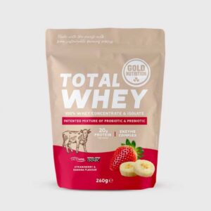 pudra proteica goldnutrition total whey capsuni si banane 260 g