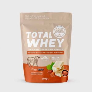 pudra proteica goldnutrition total whey ciocolata alba si alune 260 g