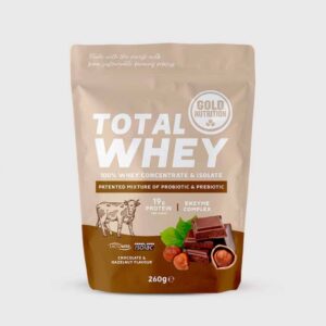 pudra proteica goldnutrition total whey ciocolata si alune 260 g